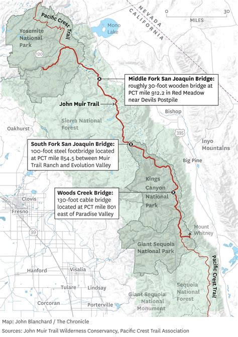 Map shows where John Muir Trail is impassable due to damaged bridges