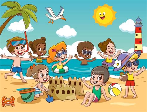 Premium Vector | A cartoon illustration of kids playing at the beach.