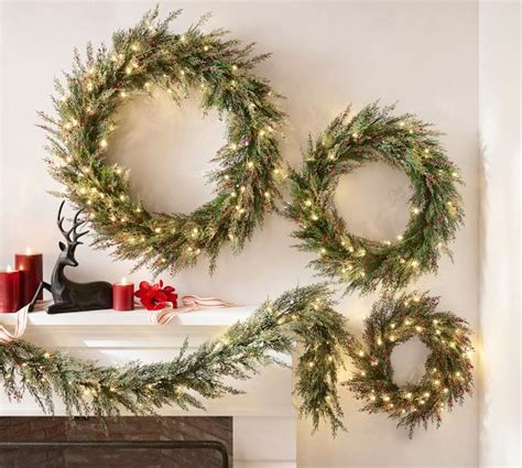 Faux Lit Cedar Berry Pine Wreath And Garland Pottery Barn