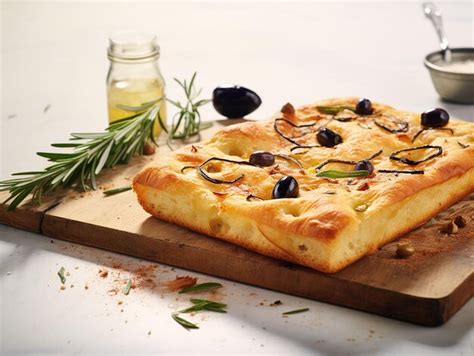 Premium Photo Focaccia With Olives And Rosemary On Wooden Cutting