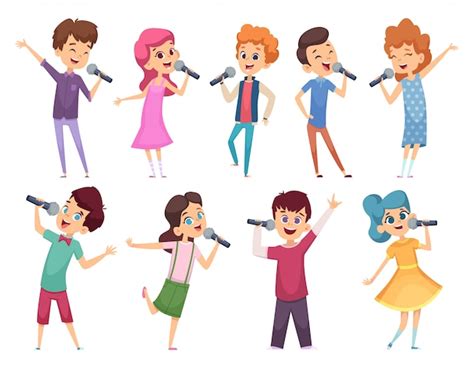 Cantando niños. Niños masculinos y femeninos de pie con micrófonos actuación musical karaoke ...