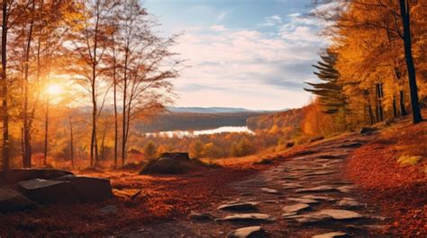 Un Paisaje Oto Al Con Un Camino De Piedra Que Conduce A Un Lago Y