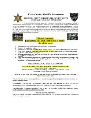 Fillable Online Youth Leadership AcademyEssex County Sheriff S