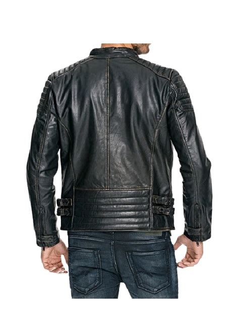 Mens Quilted Leather Jacket Distressed Black - Stardom Jackets