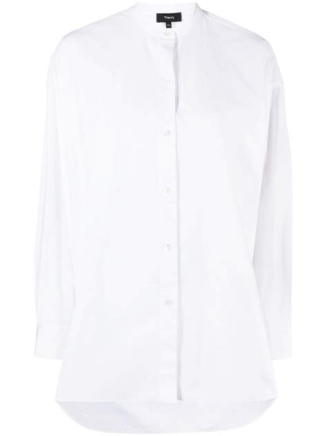 Theory Collarless Cotton Shirt In White Lyst