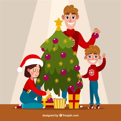 Familia decorando un árbol de navidad Vector Gratis