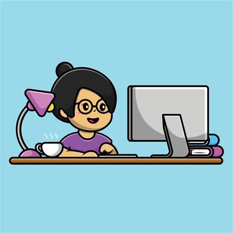 Linda Chica Trabajando En La Ilustración De Icono De Vector De Dibujos Animados De Computadora