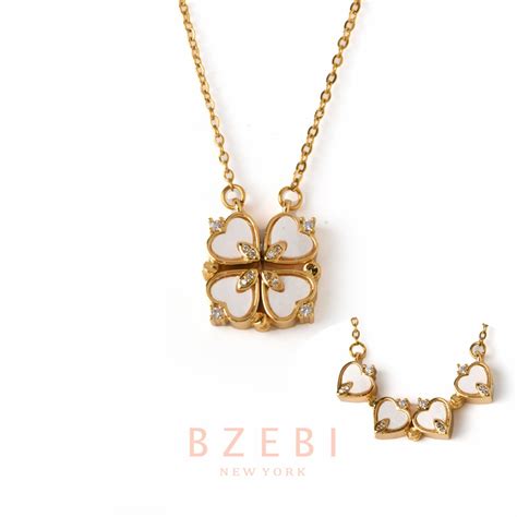 BZEBI 18k Gold Clover Necklace Four Leaf Diamond Pendant Emas 916 Anti