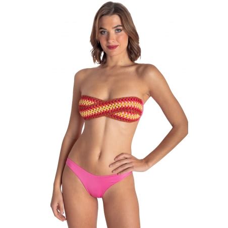 Bikini Fascia Imbottita Con Passamaneria Crochet Taglia M Colore Fucsia Slip Sgambato Copertura