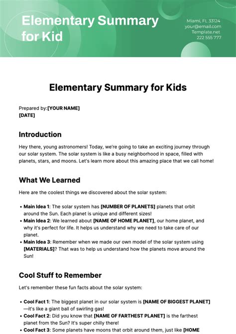 Free Elementary Summary for Kids Template - Edit Online & Download | Template.net