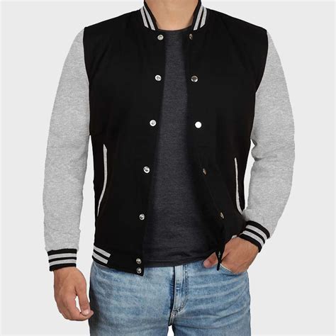 Black And Grey Baseball Style Varsity Fleece Jacket Mens