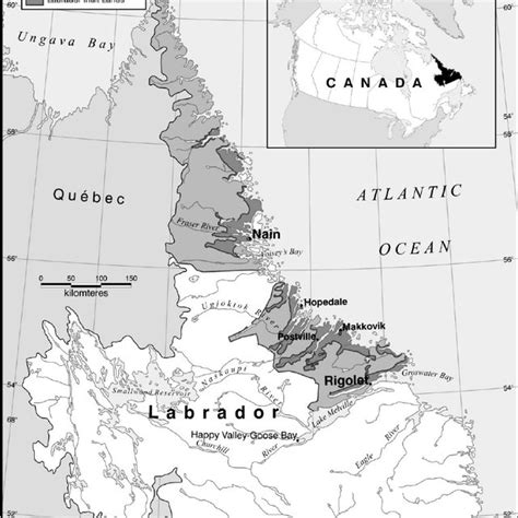 Nunatsiavut, Labrador, Canada is indicated by the shaded regions on ...