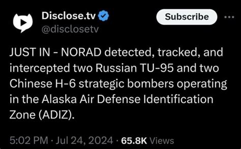 Norad Detected Tracked And Intercepted Two Russian Tu 95 And Two Chinese H 6 Strategic Bombers