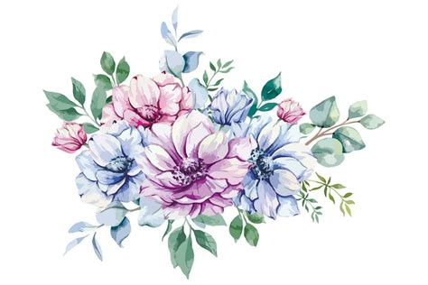 Anemone Flowers Watercolor Illustration Blue Pink And Purple Anemones