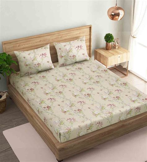 Buy Beige Floral 144 Tc Cotton King Sized Bed Sheets With 2 Pillow