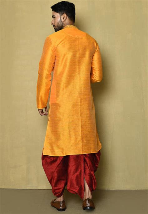 Buy Embroidered Art Silk Kurta Dhoti In Yellow Online MDY839 Utsav