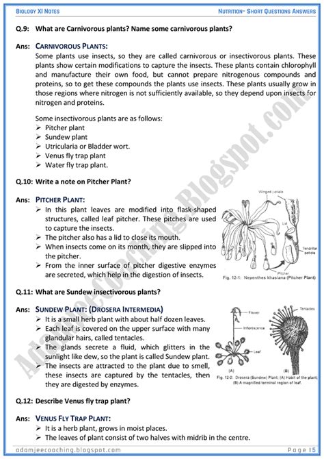 Adamjee Coaching Nutrition Short Question Answers Biology 11th