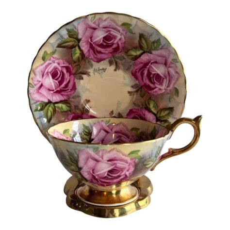 Aynsley Cabbage Rose Pink Heavy Gold Tea Cup Saucer Signed Ja