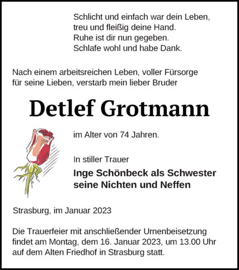 Traueranzeigen Von Detlef Grotmann Trauer Nordkurier