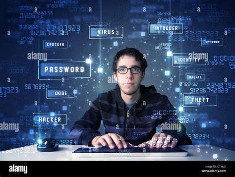 Hacker Programing In Technology Enviroment With Cyber Icons Stock Photo