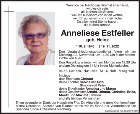 Traueranzeigen Von Anneliese Estfeller Trauer Bz