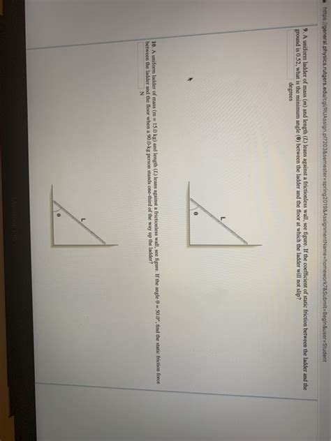 Solved A Uniform Ladder Of Mass M And Length L Leans Chegg