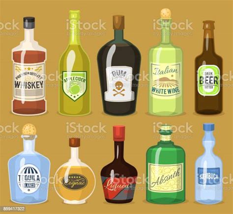 Alcohol Strong Drinks In Bottles Cartoon Glasses Whiskey Cognac Brandy Wine Vector Illustration