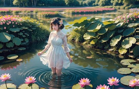Premium Photo A Beautiful Brunette In A White Wet Dress Is Sitting In The Water A Beautiful Nymph