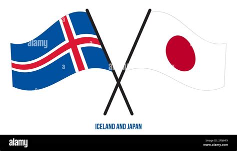 Iceland And Japan Flags Crossed And Waving Flat Style Official Proportion Correct Colors Stock