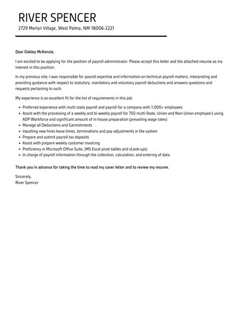 Payroll Administrator Cover Letter Velvet Jobs