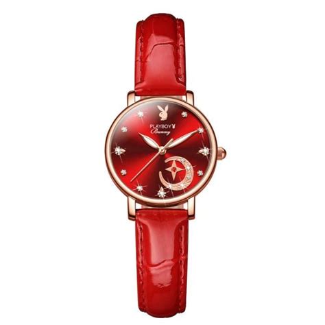 SHARPHY Montre Femme De Marque Quartz Diamant Bracelet En Cuir Rouge