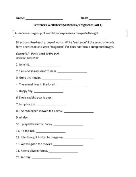 Fragment Sentence Worksheets