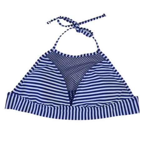 NWT Mossimo Mesh Halter Bikini Top High Neck Navy White Stripe Swimsuit