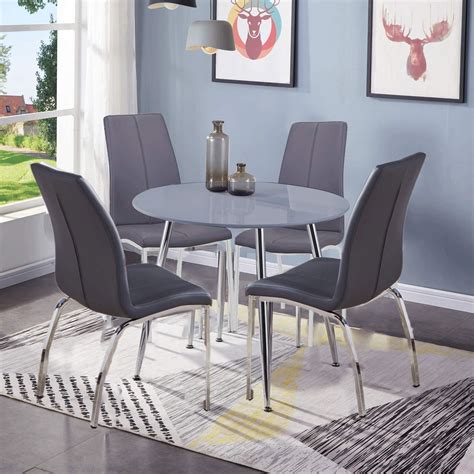 Goldfan Round Dining Table And Chairs Set 4 High Gloss Kitchen Table 4 Dining Pu Leather Chairs