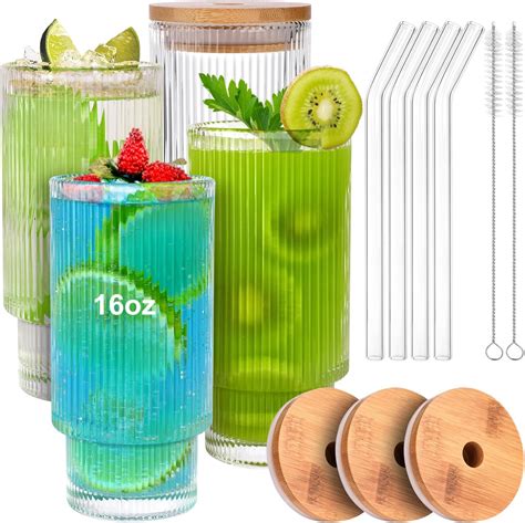 Amazon Docemora Ribbed Glass Cups With Bamboo Lids And Glass