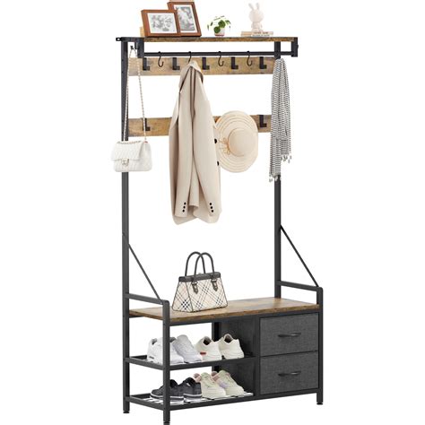 Dextrus Coat Rack In Hall Tree With Shoe Bench Movable Hooks