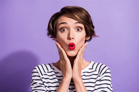 Portrait Of Stressed Impressed Short Brunette Hairdo Girl Hands Cheeks