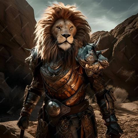 Premium Ai Image Lion In Armor And Armor On The Background Of The Desert