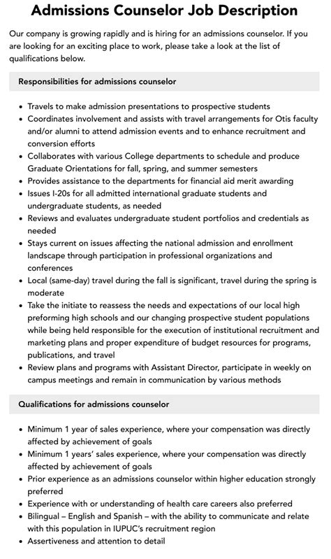 Admissions Counselor Job Description Velvet Jobs