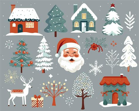 Set Of Scandi Christmas Elements Hand Drawn Christmas Illustration