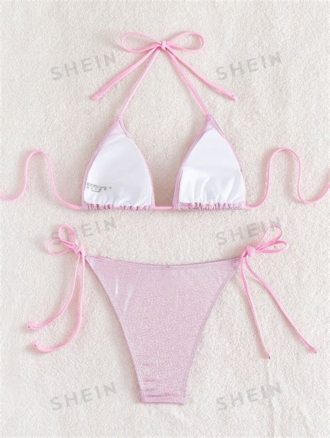 SHEIN SHEIN Swim Y2GLAM Glitter Bikini Set Triangle Bra Thong Bottom