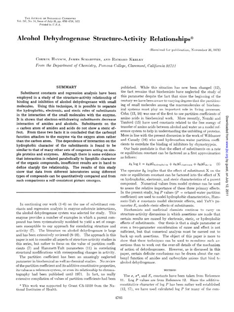 (PDF) Alcohol Dehydrogenase Structure-Activity Relationships