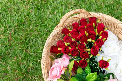 Flores Bonitas Em Uma Cesta De Vime No Campo De Grama Verde Vermelho