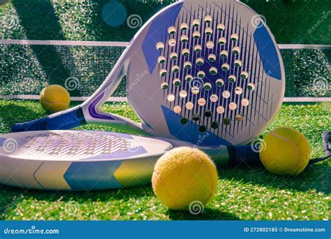 Paddle Racquets And Balls On Green Grass Stock Image Image Of Balls