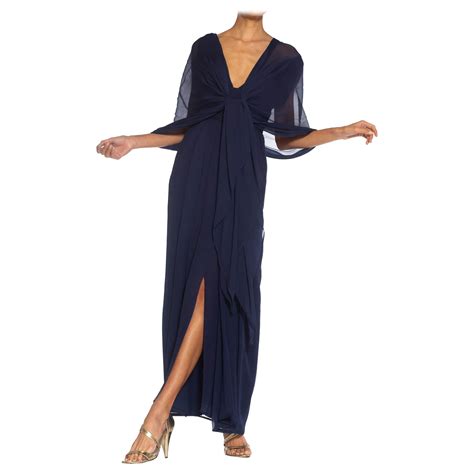 1980S GIVENCHY Navy Blue Haute Couture Silk Chiffon Low Cut Gown 1989