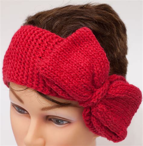 Red Headband With Bow Knitted Fancy Warmer Adjustable Etsy Handmade