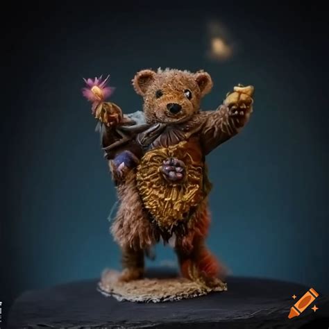 Miniature Diorama Of A Shaman Teddy Bear Performing A Healing Dance