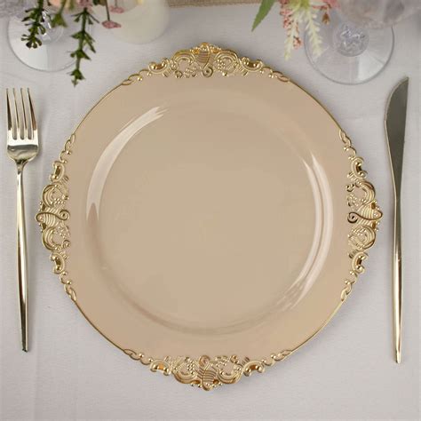 Efavormart 10 Pack Taupe Gold Baroque 10 Round Plastic Dinner Plates