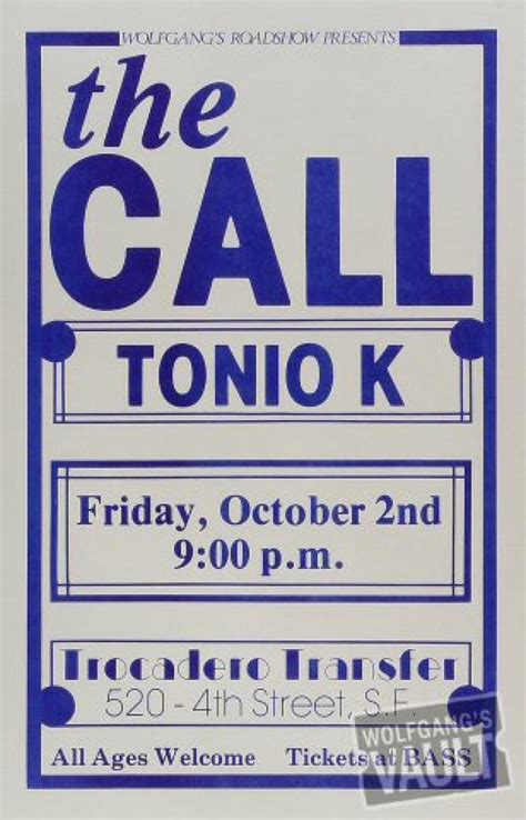 The Call Vintage Concert Poster from Trocadero Transfer, Oct 2, 1987 at Wolfgang's