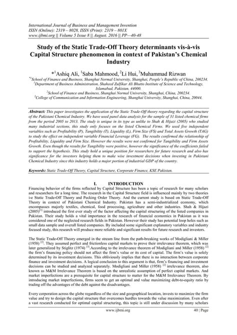 Study of the Static Trade Off Theory determinants vis à vis Capital